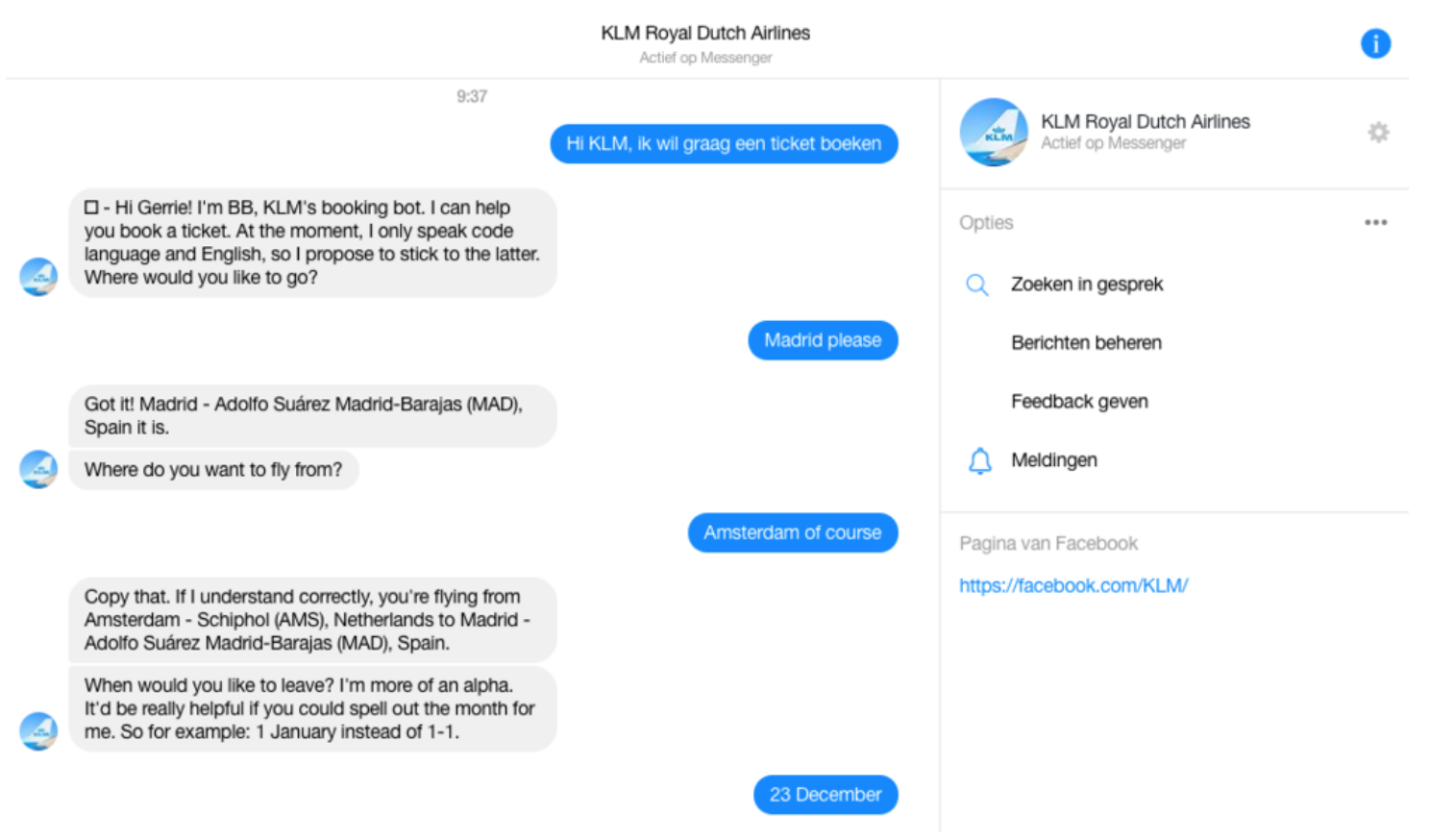 KLM empresas mensajería con usuarios